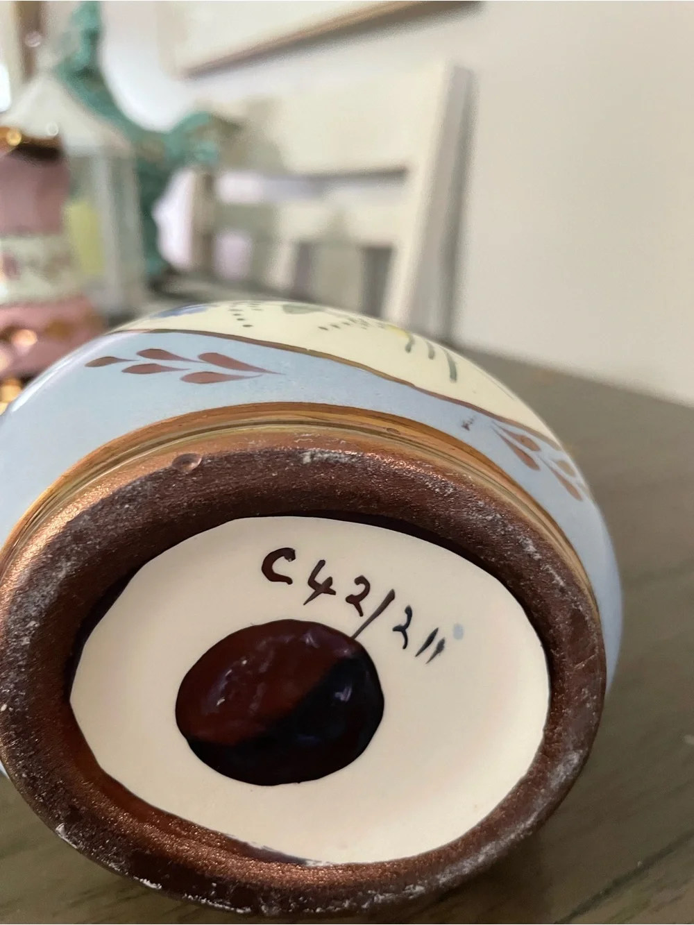 Vintage Blue Ceramic Pitcher with Copper Handle